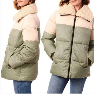 Bernardo Mixed Media Sherpa Faux Fur Trim Puffer Jacket in Green NEW Plaid Green